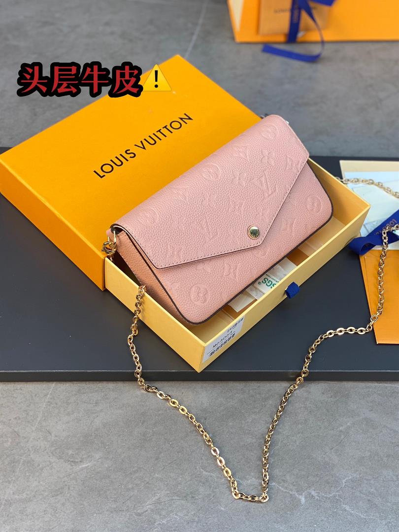 The M64064 Pink Pochette Flice Chain Bag is a Monogram Imprente leather embossed Louis Vuitton iconi