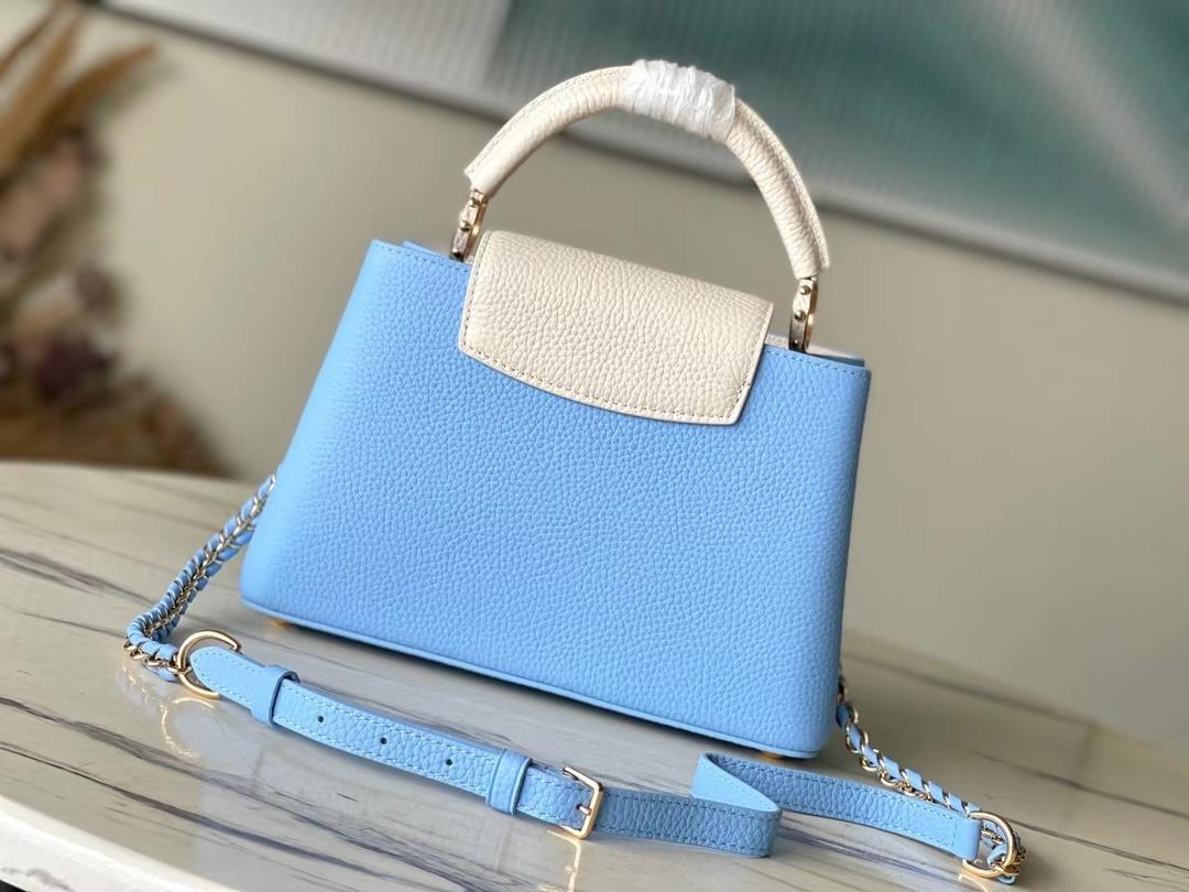 M21887 blue small size Taurilon leather version of the Capuchines handbag presents a soft