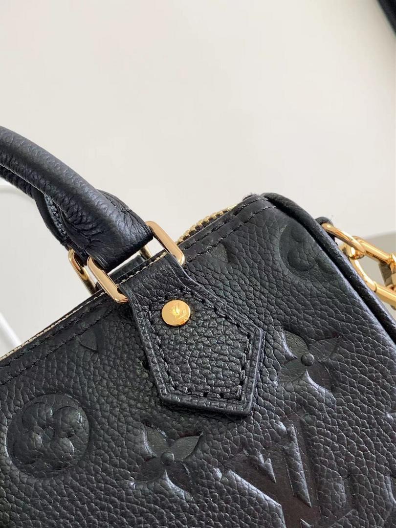 The M81625 M81457 Nano Speedy handbag is made of Monogram Imprente embossed leather which