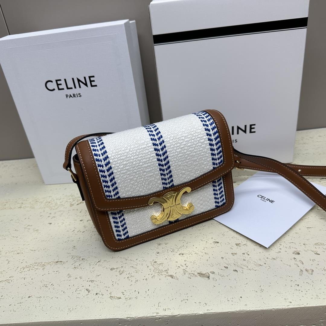 celines new TRIOMPHE blue and white fabric with calf leather shoulder backpack gold metal part