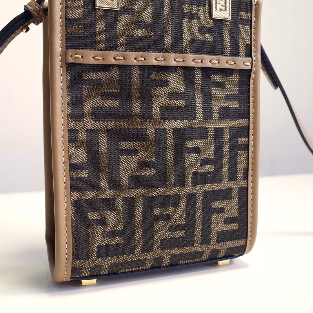 FENDI Sunshine Brown FF Jacquard Pattern Fabric Mini Handbag with Hard Organic Glass Hawksbill