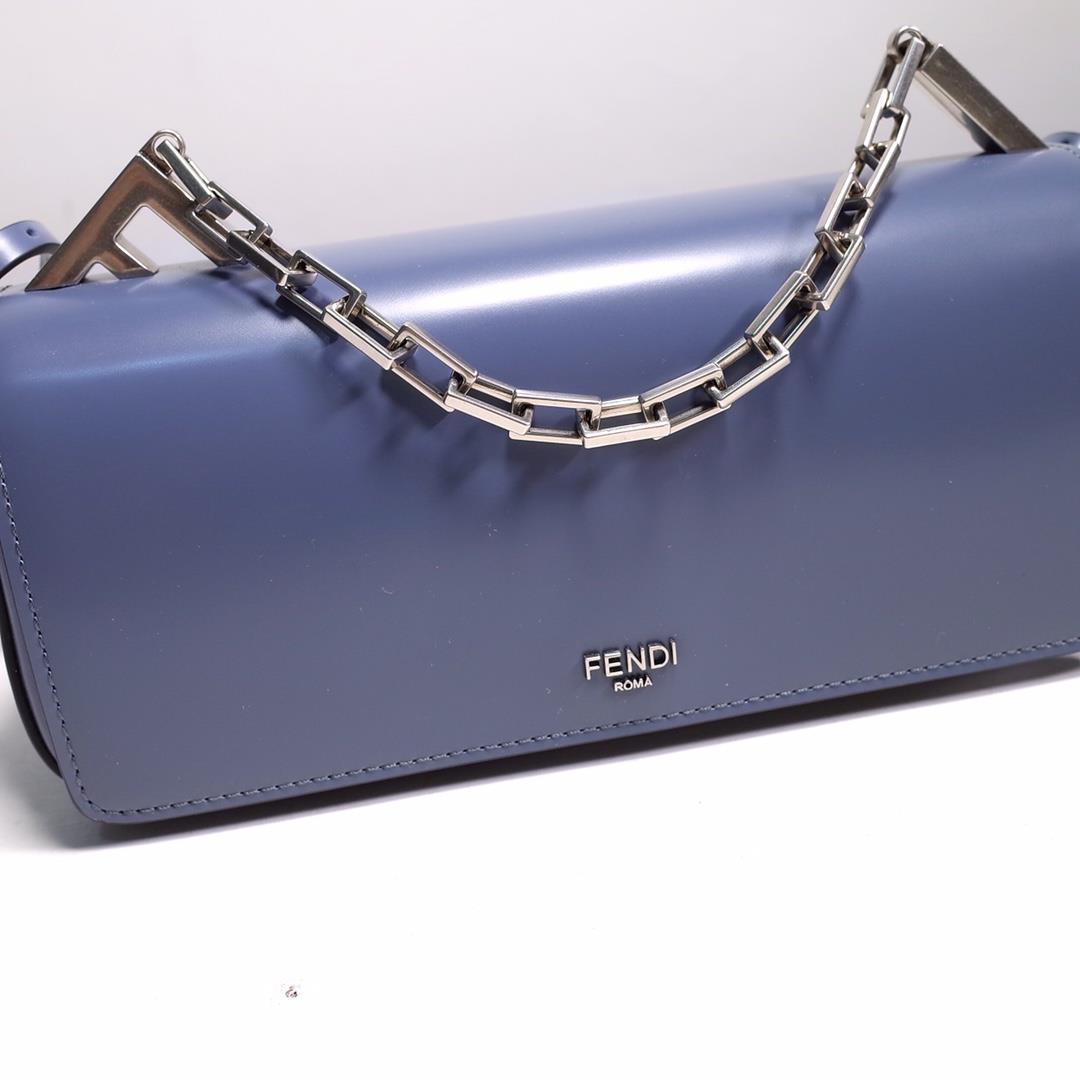 The FENDI handheld bag is made of blue brushed leather material decorated with large F metal a