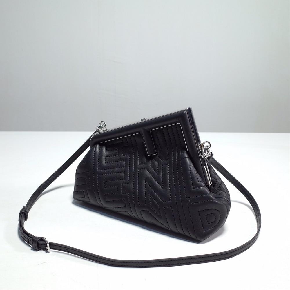 Fendi First small handbag features a unique and stylish slanted logo for the new launch