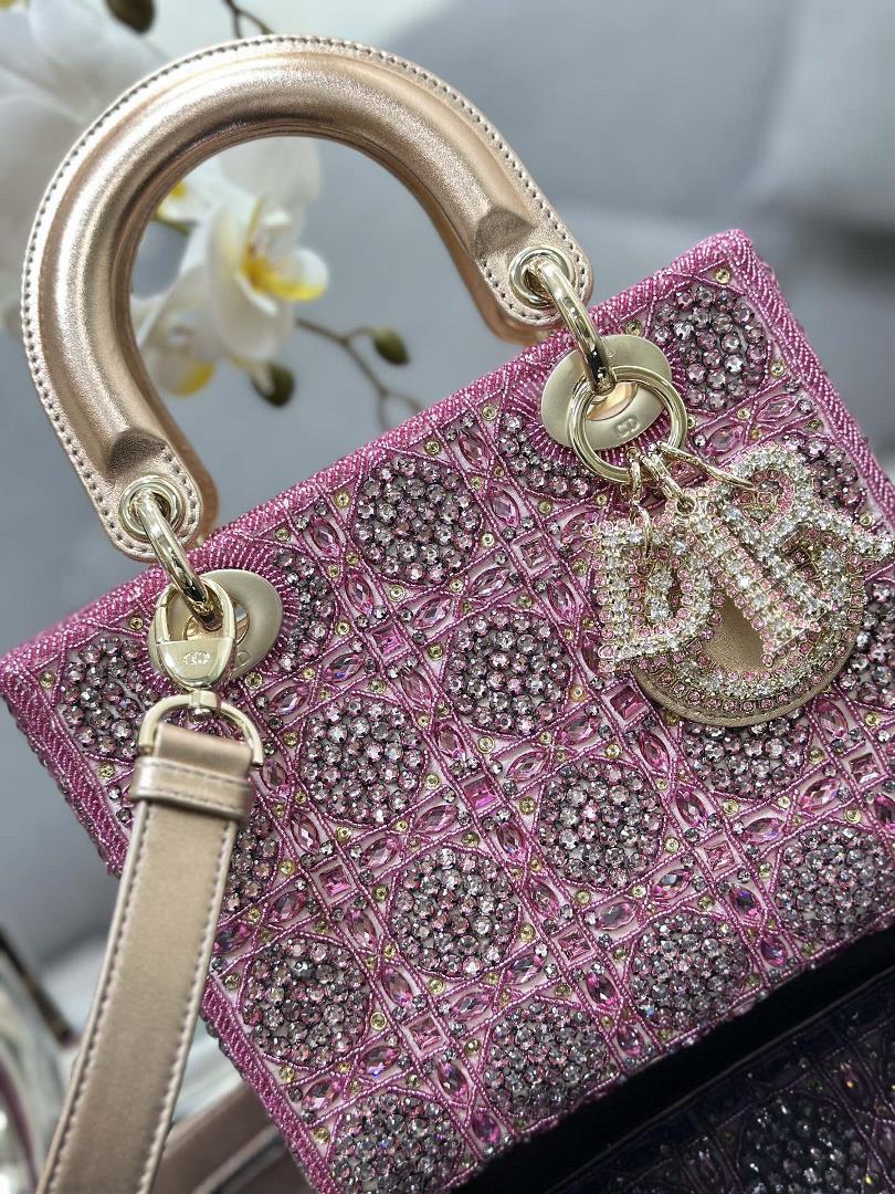 Lady Dior Limited Edition four grid embroidered rhinestone pink with imported sheepskin lining