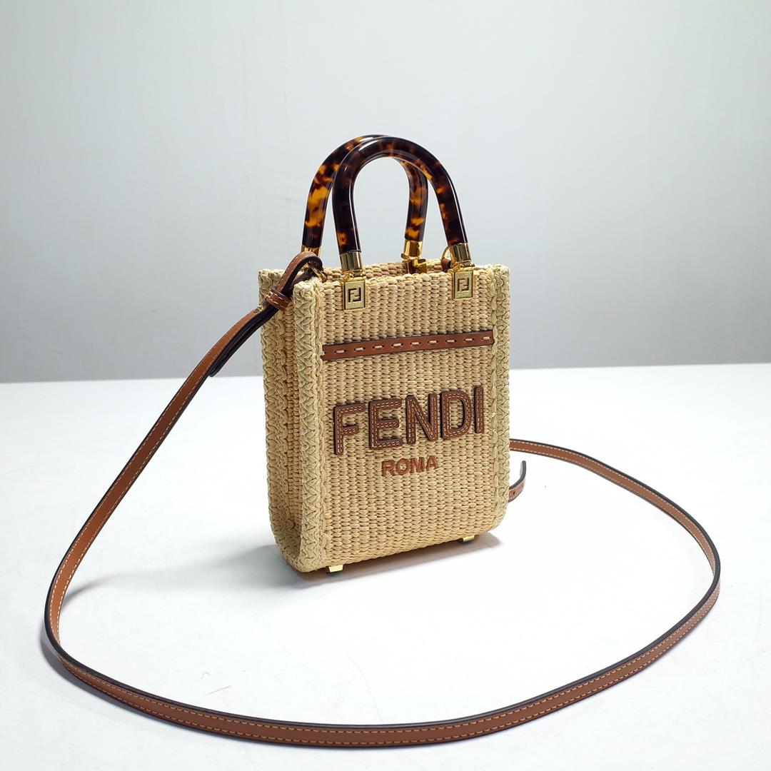 FENDI Sunshine Mini Handbag made of natural grass woven material featuring moss stitching effe