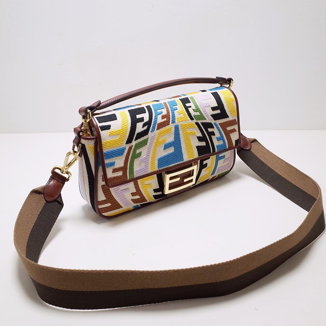 FEND1 Iconic Baguette Medium Handbag made of canvas material decorated with contrasting FF fis