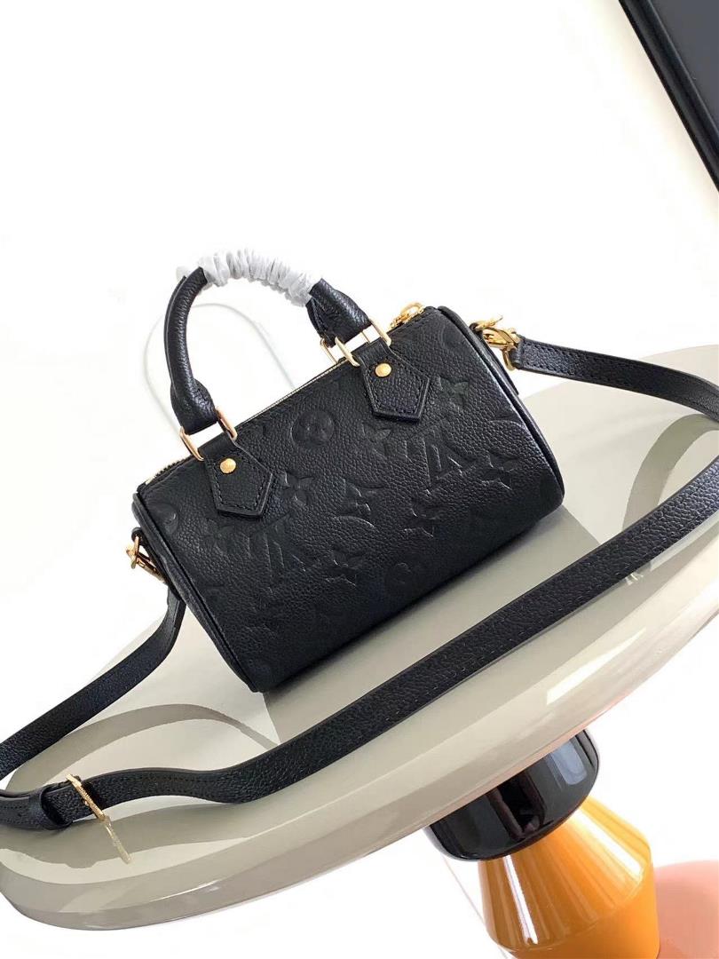 The M81625 M81457 Nano Speedy handbag is made of Monogram Imprente embossed leather which