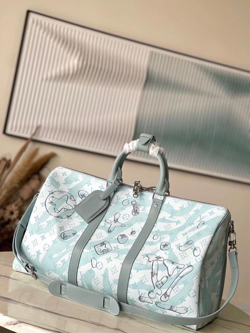 original M22570 Keepall Bandoulire 50 travel bag is made of Monogram Aquagarden canvas giving the M