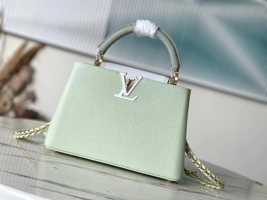 Top grade original M22916 M48865 apple green with white chainThis CAPUCINES small handbag is made of