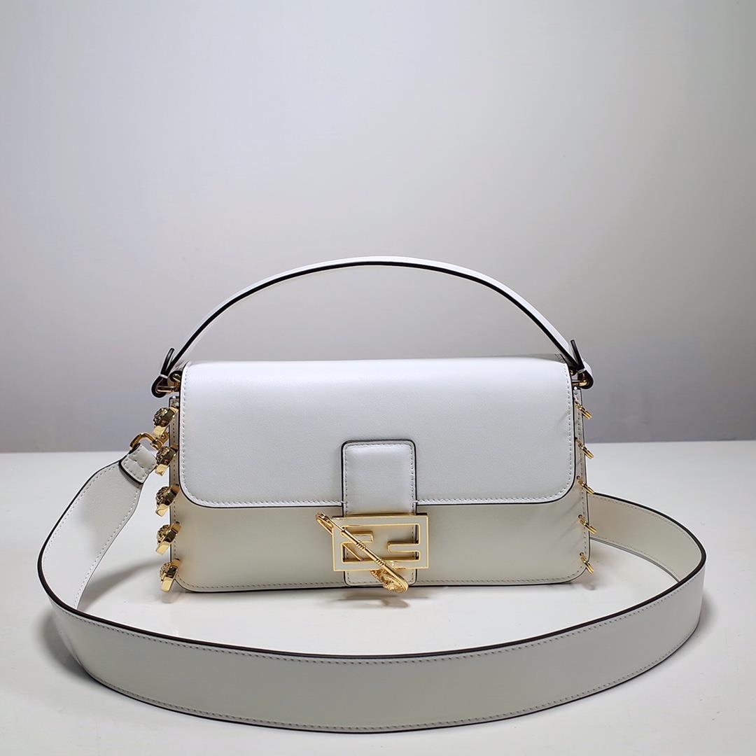 The iconic square Baguette handbag from the Versace by Fendi series White smooth leatherMaterial dec