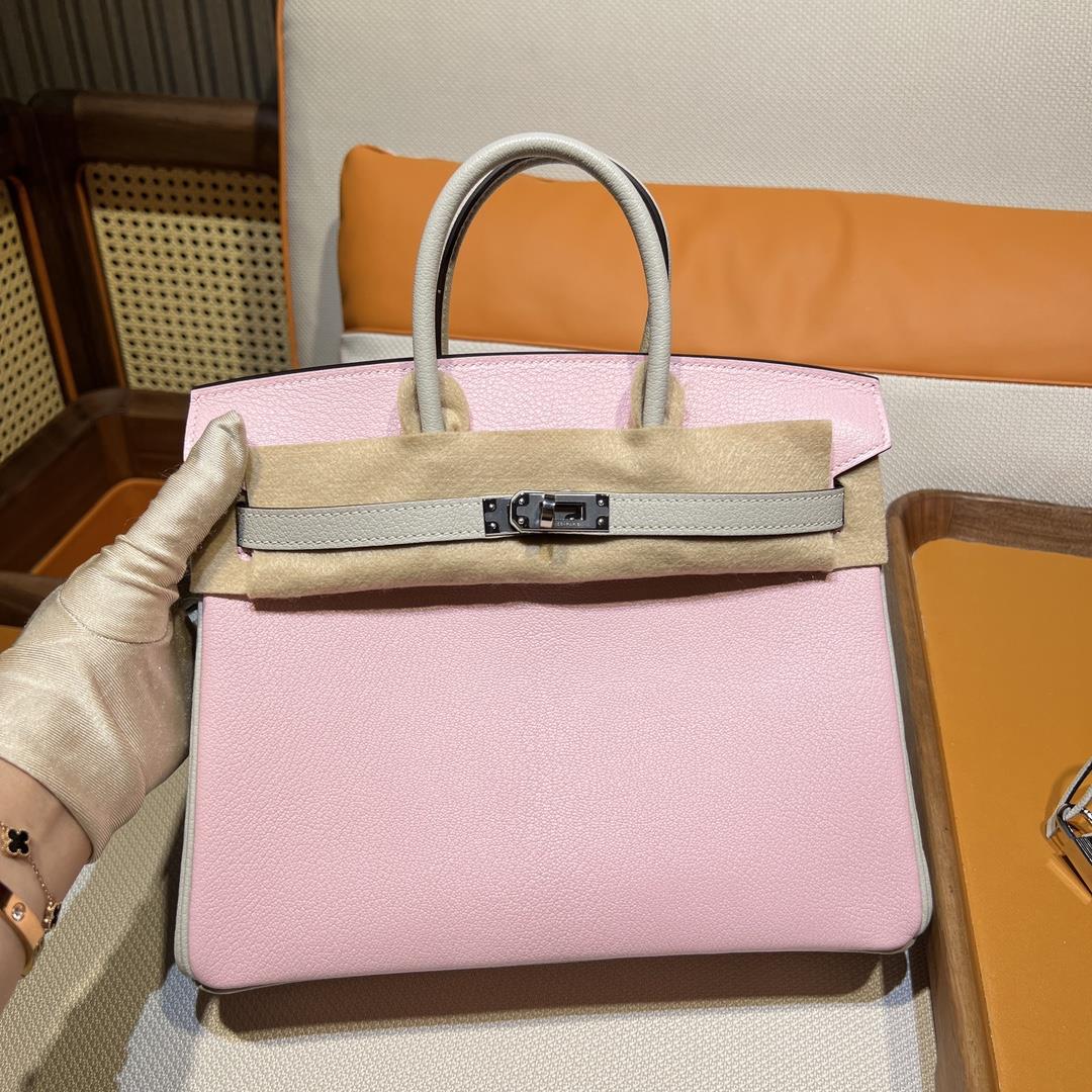 Birkin 25 Platinum Imported Lamb Mid Ridge 3Q Cherry Blossom Pink Rose Sakura Collar 80 Pearl Grey G