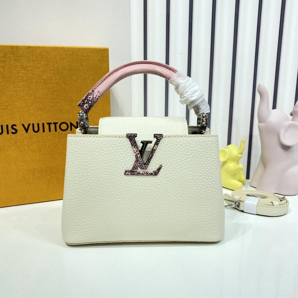 M94048 White with Lizard PatternMini Capuchines Mini Handbag Imported from France Made of Shiny Calfskin Metal Decorations with a unique flap that can