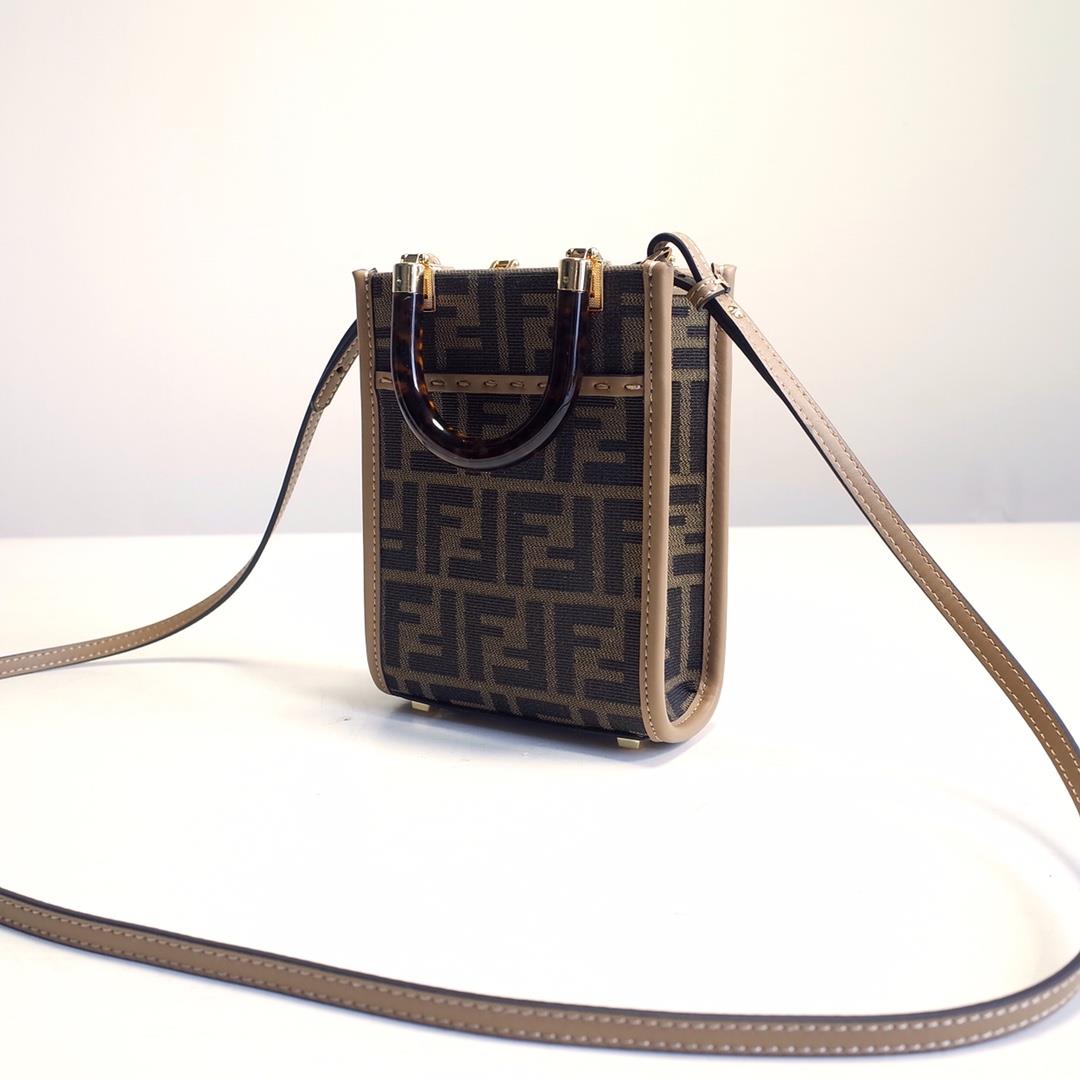 FENDI Sunshine Brown FF Jacquard Pattern Fabric Mini Handbag with Hard Organic Glass Hawksbill