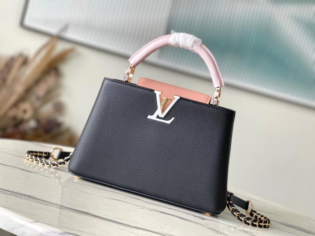 M21887 black and pink color matching small size Taurilon leather version of the Capuchines handbag p