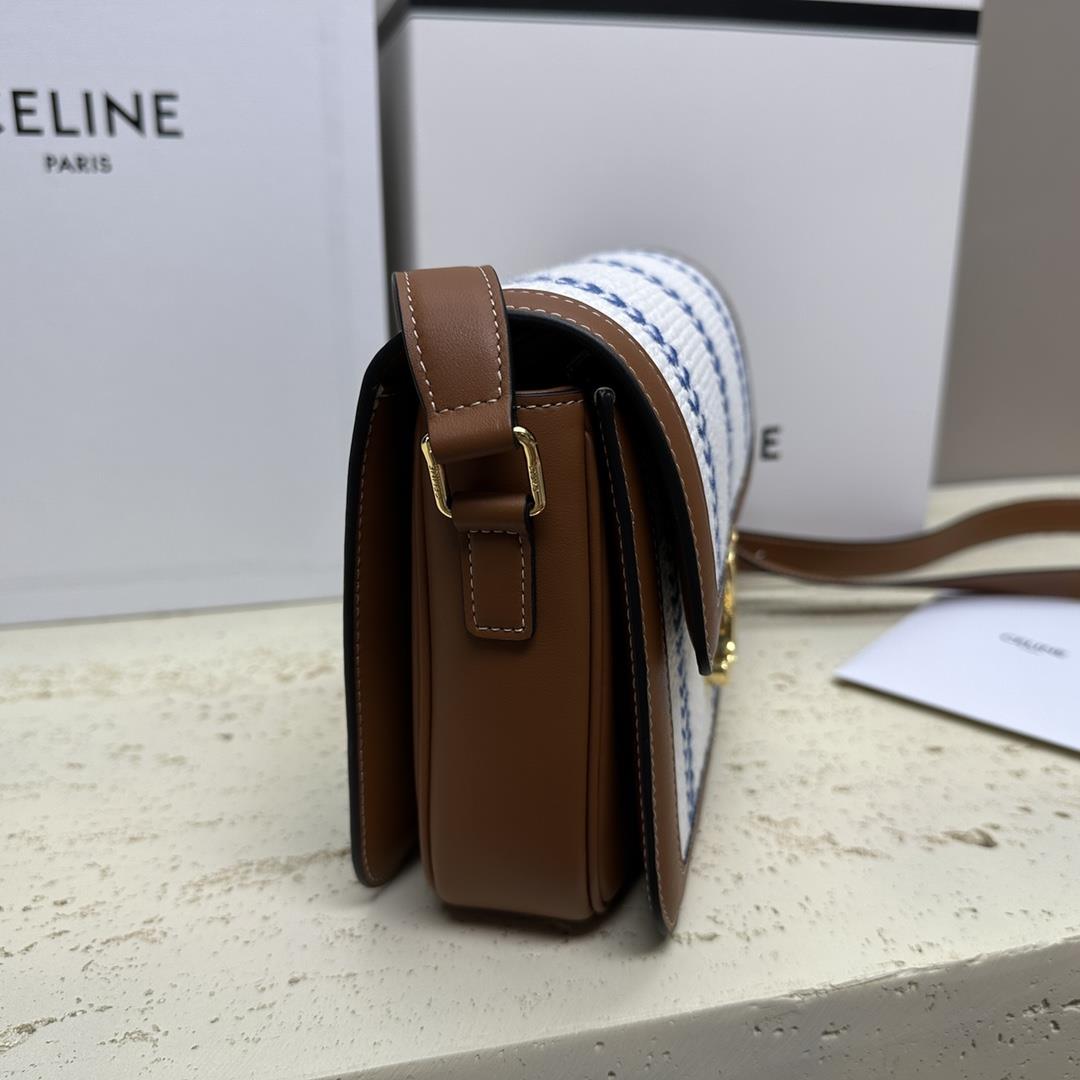 celines new TRIOMPHE blue and white fabric with calf leather shoulder backpack gold metal part