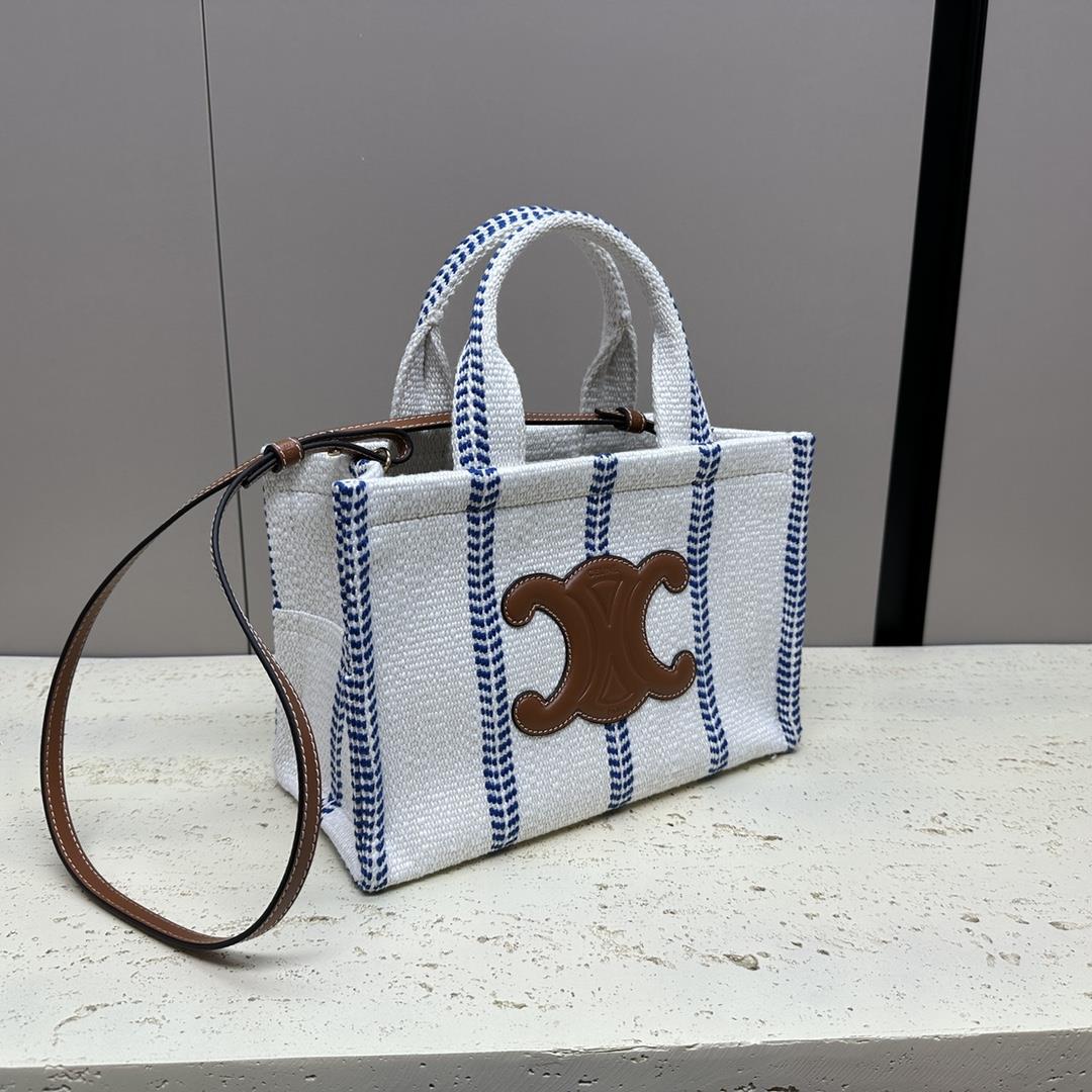 celines new CABAS THAIS printed fabric handbag with linen and blue stripes This model cannot a