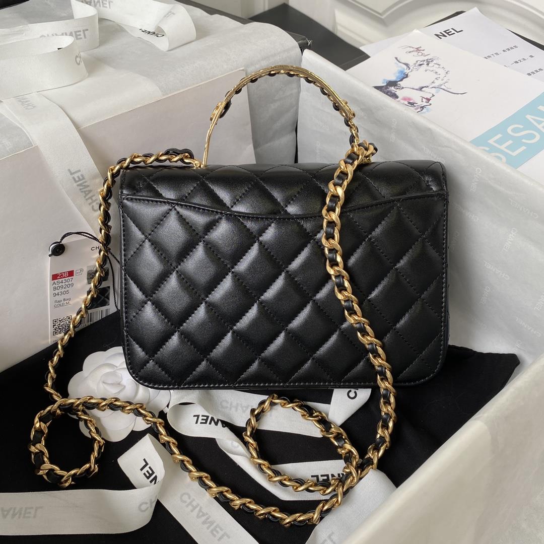 Chanel23B new black gold handle AS4307 leather chain and diamond checkered mandarin duck b