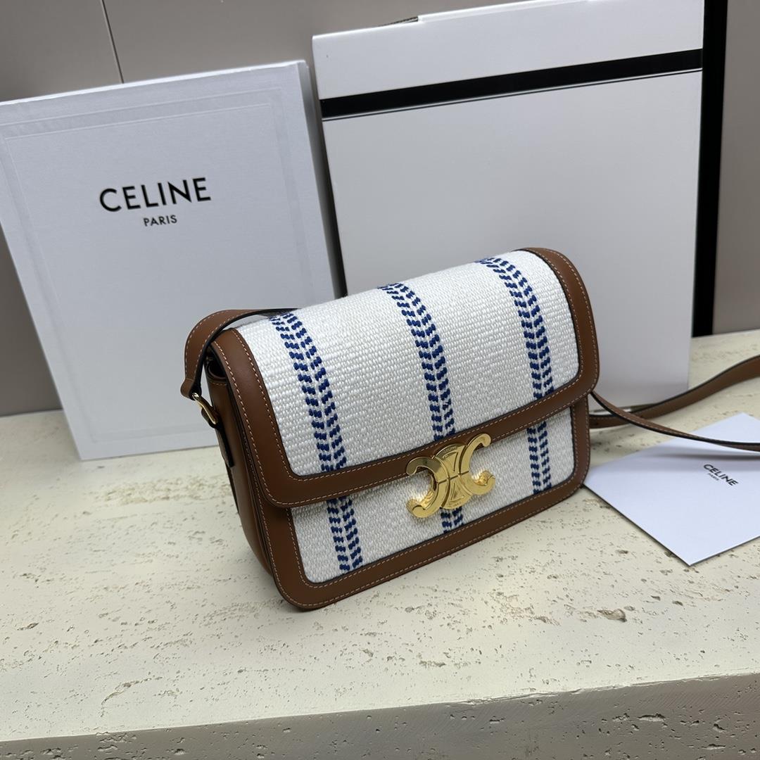 celines new TRIOMPHE blue and white fabric with calf leather shoulder backpack gold metal part