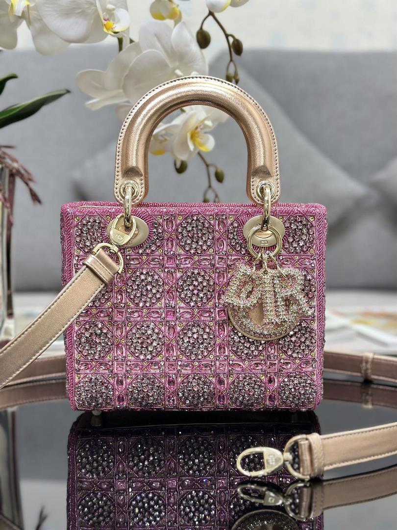 Lady Dior Limited Edition four grid embroidered rhinestone pink with imported sheepskin lining craft