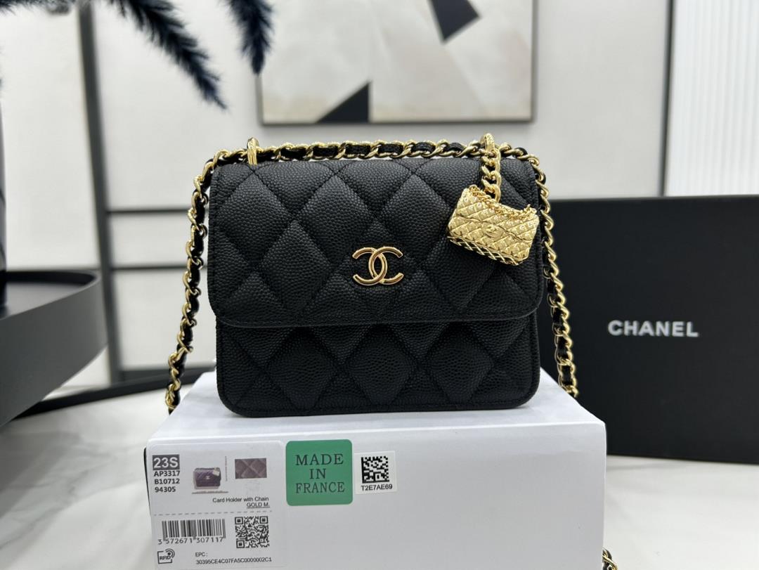 AP3317 Chanel23S Black Gold Lychee Leather Bag Buckle Organ Bag Small Pendant Mini Black Gold 