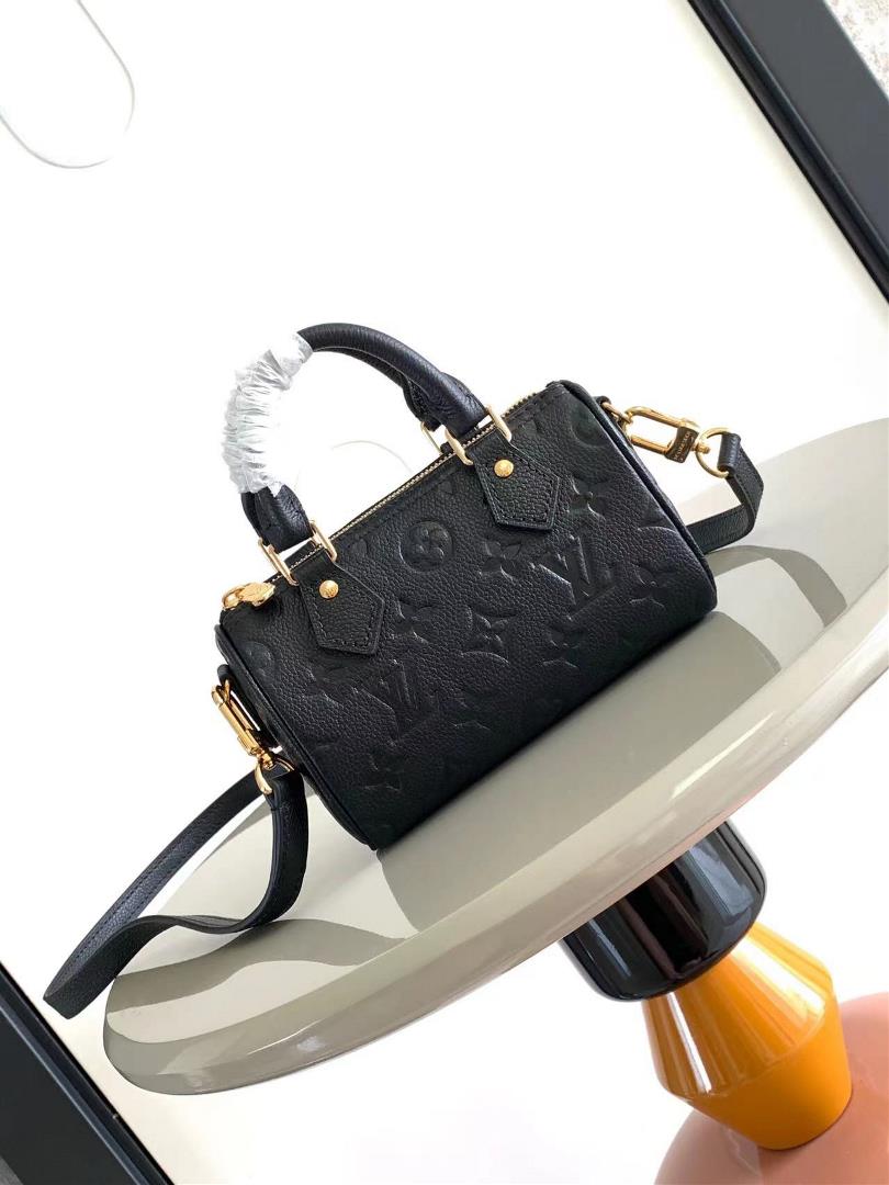 The M81625 M81457 Nano Speedy handbag is made of Monogram Imprente embossed leather which condenses