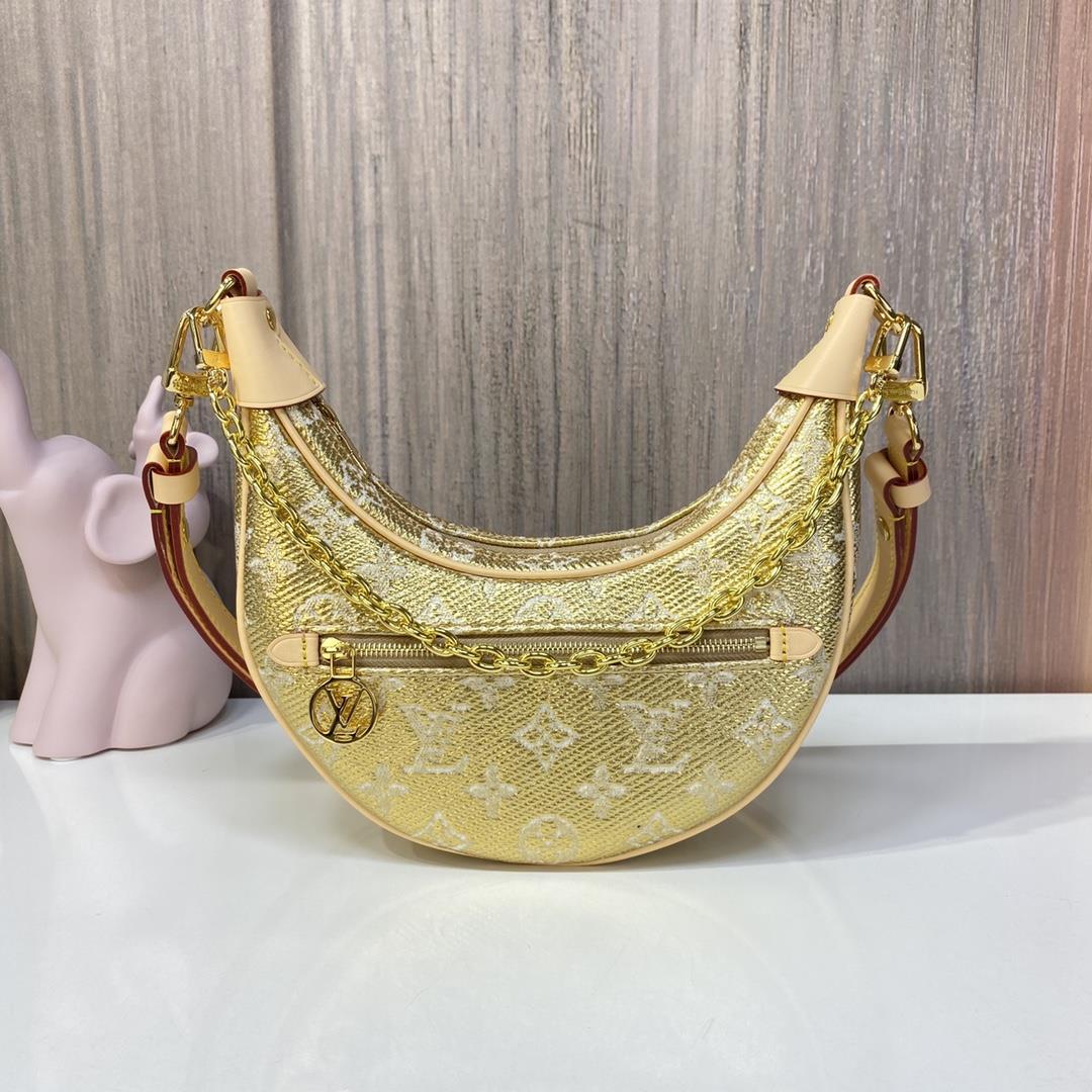 M22928 Golden Loop Moon BagThis model is crafted with Monogram jacquard canvas to create a fashionab