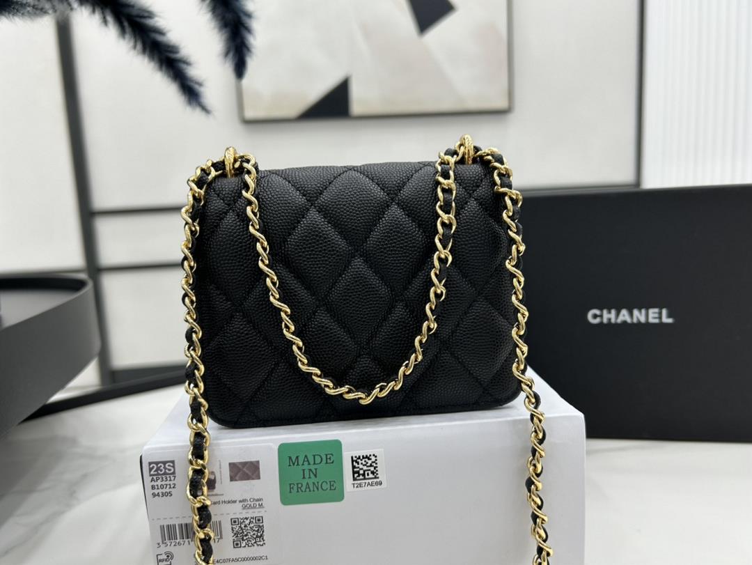 AP3317 Chanel23S Black Gold Lychee Leather Bag Buckle Organ Bag Small Pendant Mini Black Gold 