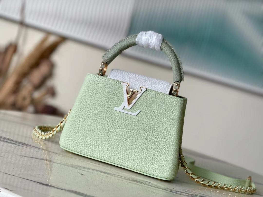 Top grade original M22916 M48865 apple green with white chainThis Capuchines mini handbag is made of