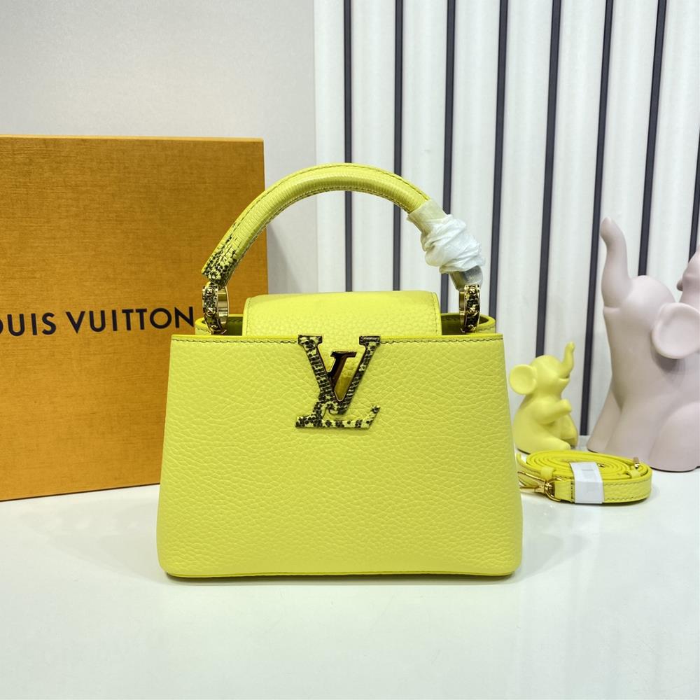 M94048 Lemon YellowMini Capuchines Mini Handbag Imported from France Made of Shiny Calfskin Metal Decorations with a unique flap that can be included