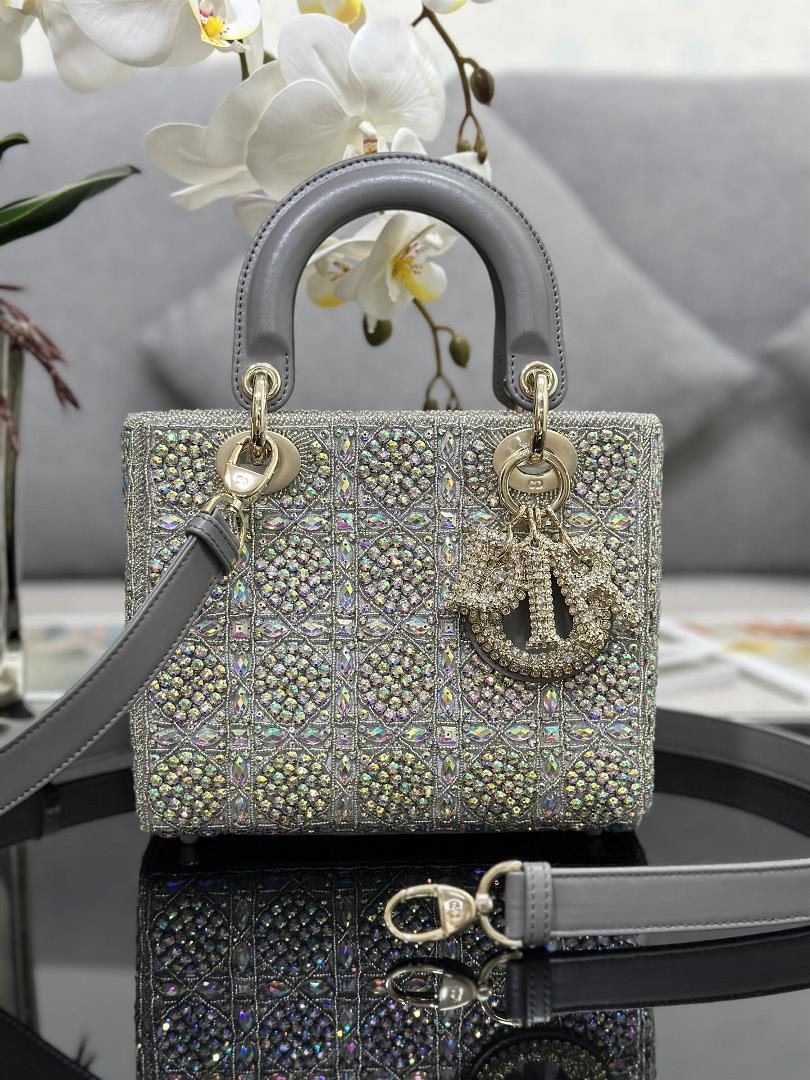 Lady Dior Limited Edition with four embroidered rhinestone gray accents and imported sheepskin linin