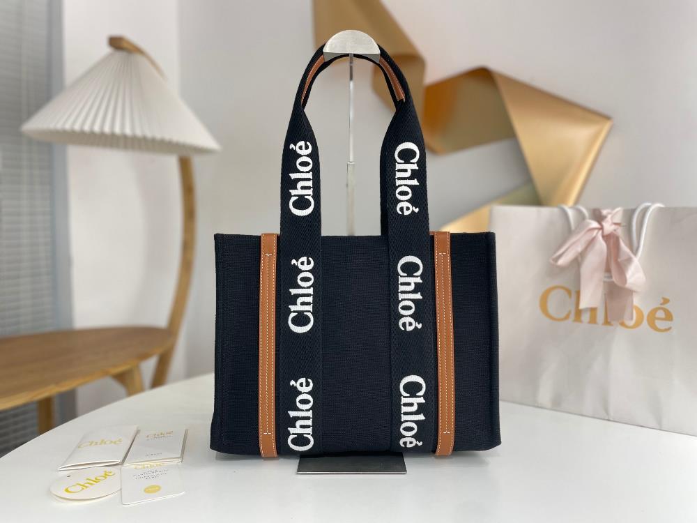 Medium Black Chloes new Woody Family Tote bag The cool black ribbon and letter embroidered craft ri