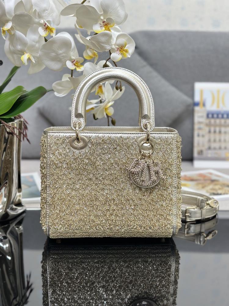 Lady Dior Limited Edition Customized Five Grid Embroidered Beaded Gold with Sheep Tendons on the Inner Handmade Beaded Gold and Cow Leather Carefull