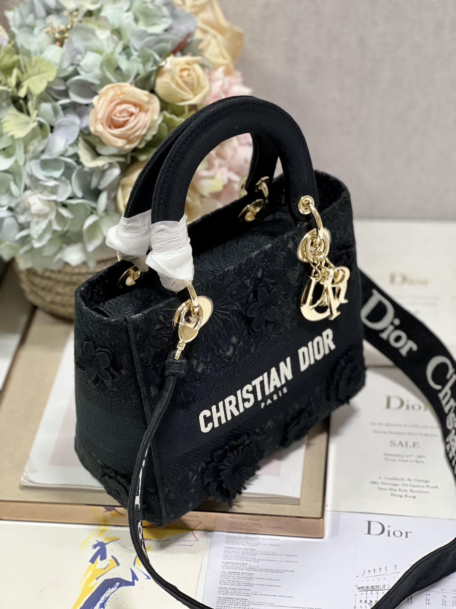 Fish silk black five grid embroidered Princess L embroidered Princess bag Cs D logo is fashion