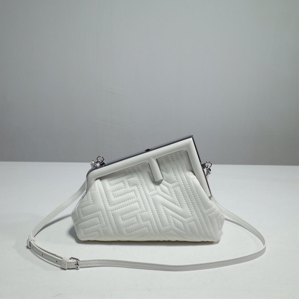 fendi First small handbag features a unique and stylish slanted logo for the new launch with a ligh