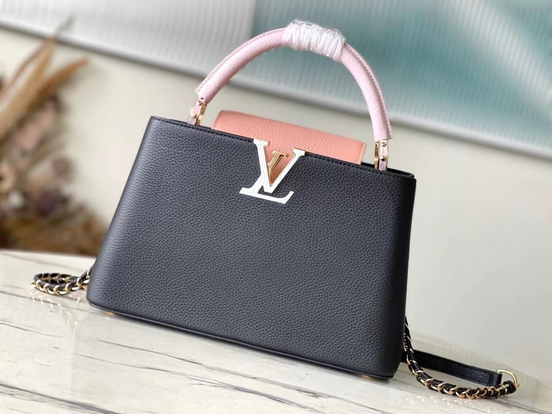 M21887 black and pink color matching medium size Taurilon leather version of the Capuchines handbag