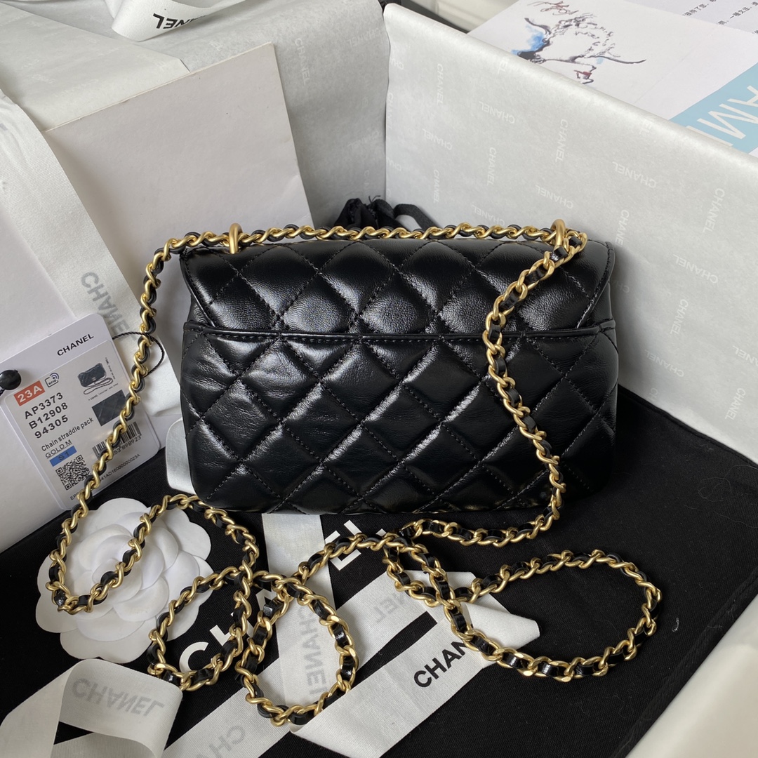 Chanel23A Advanced Handicrafting Workshop Series Black Gold Leather Chain Wearing Small Bag AP