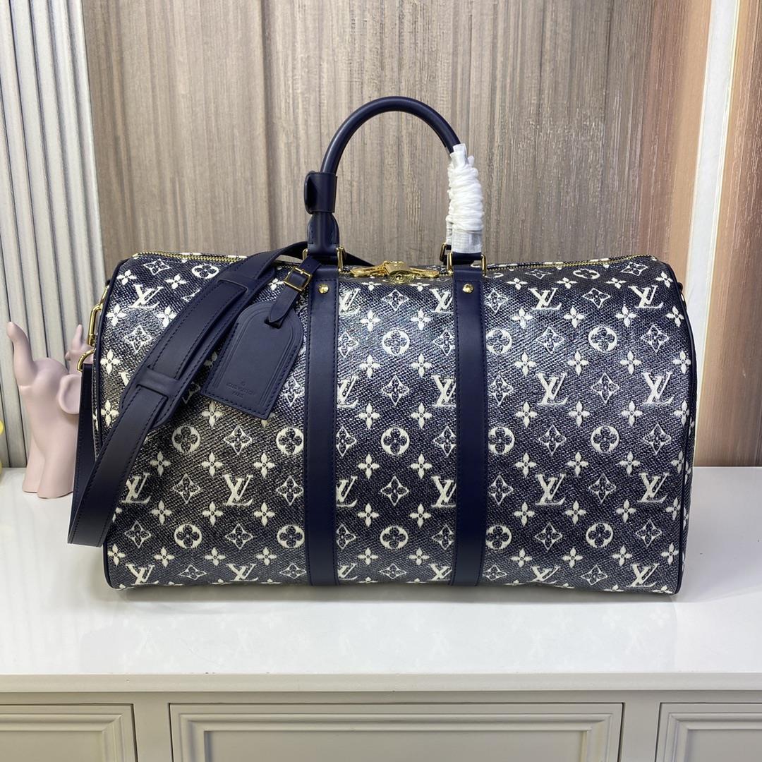 M22923 Blue Colorful Technology Embroidery The Keepall Bandoulire 45 travel bag features seasonal Mo