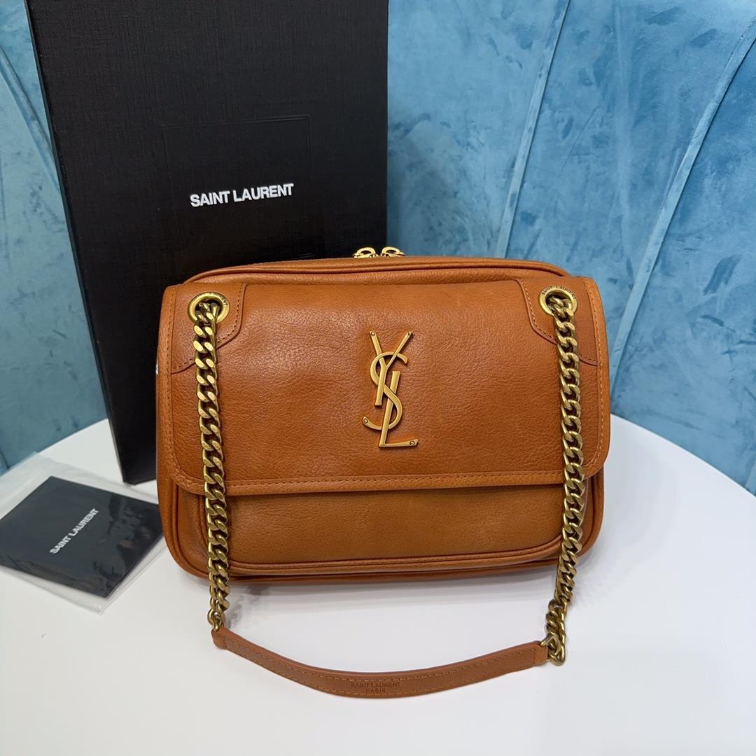 CASSANDRE handbag features a front flip and zipper closure design adorned with the classic YSL log
