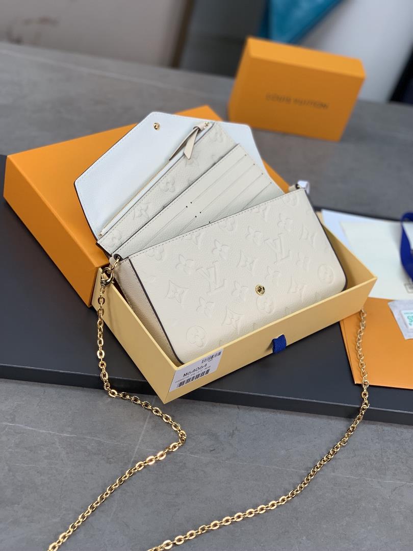 The M64064 off white Pochette Flice chain bag features a Monogram Imprente leather embosse