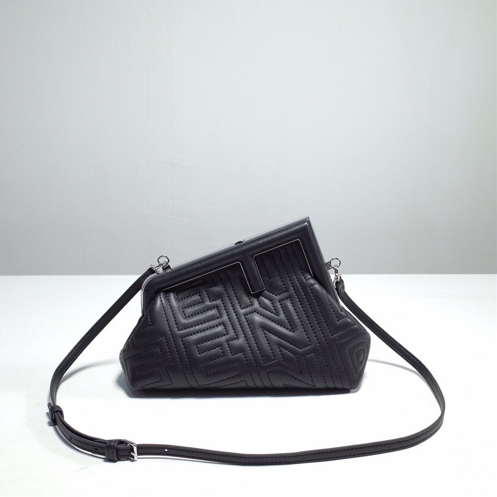 Fendi First small handbag features a unique and stylish slanted logo for the new launch with a lig