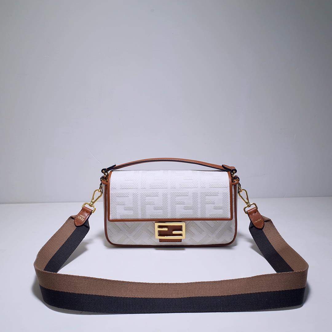 The FEND1 iconic Baguette handbag is made of white canvas material adorned with FF pattern embroider