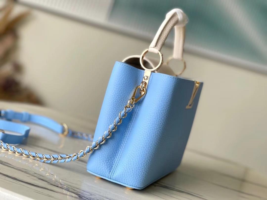 M21887 blue small size Taurilon leather version of the Capuchines handbag presents a soft