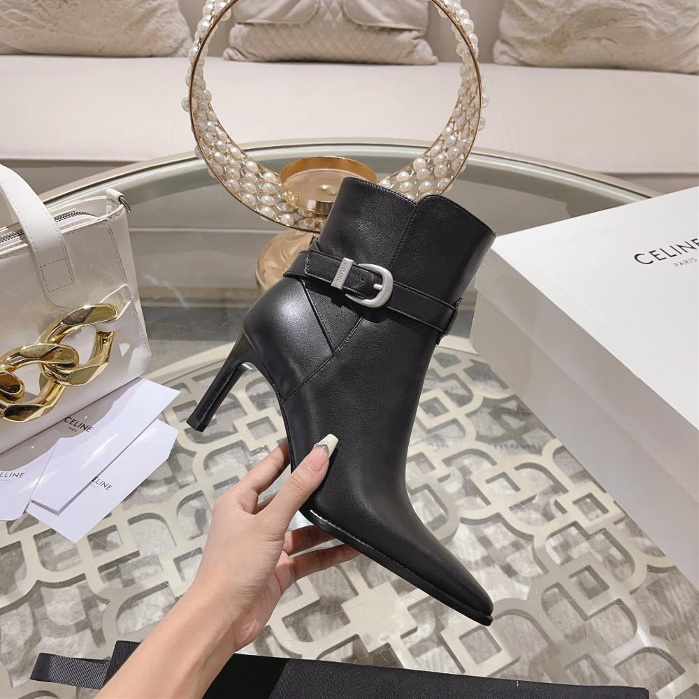 Celine AutumnWinter New Simple Pointed Toe High Heel Short Boots Vintage Simple and Fashionable Comfortable and Versatile on the FootThe flagship