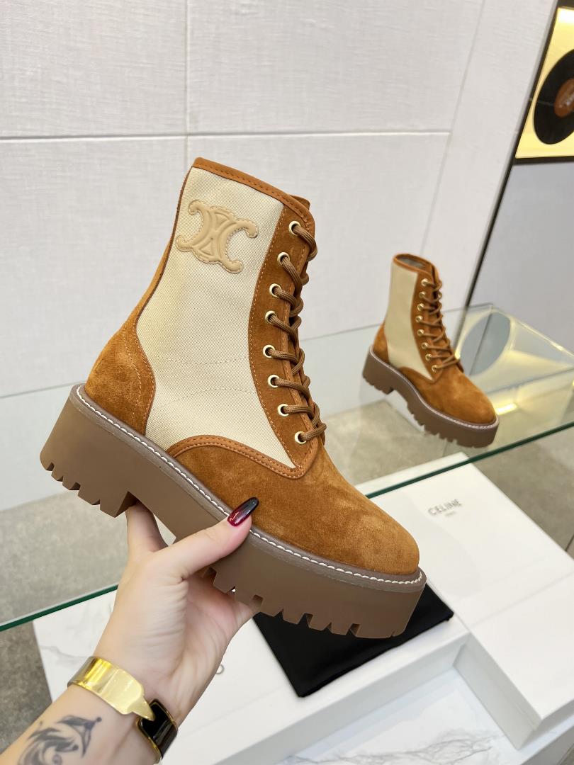 Womens shoes and clothingCeline 23ss new product top layer cowhide half boots with lace up boots