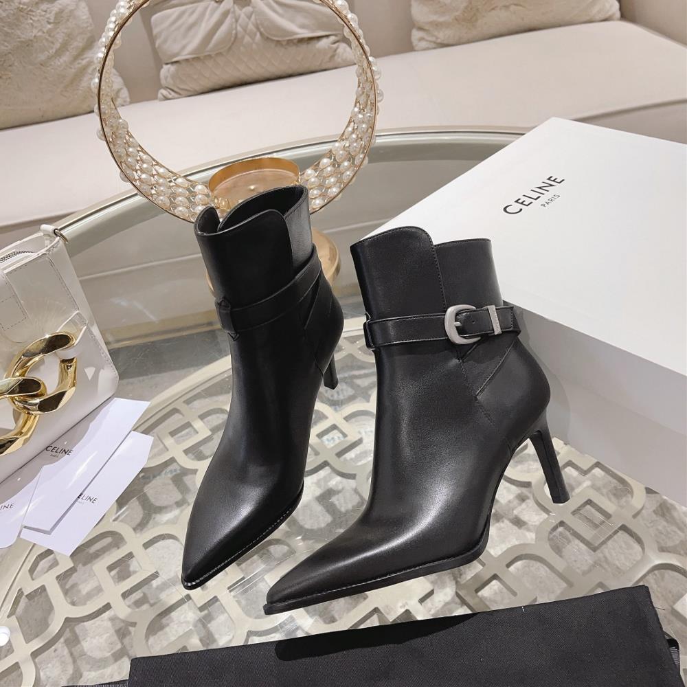 Celine AutumnWinter New Simple Pointed Toe High Heel Short Boots Vintage Simple and Fas