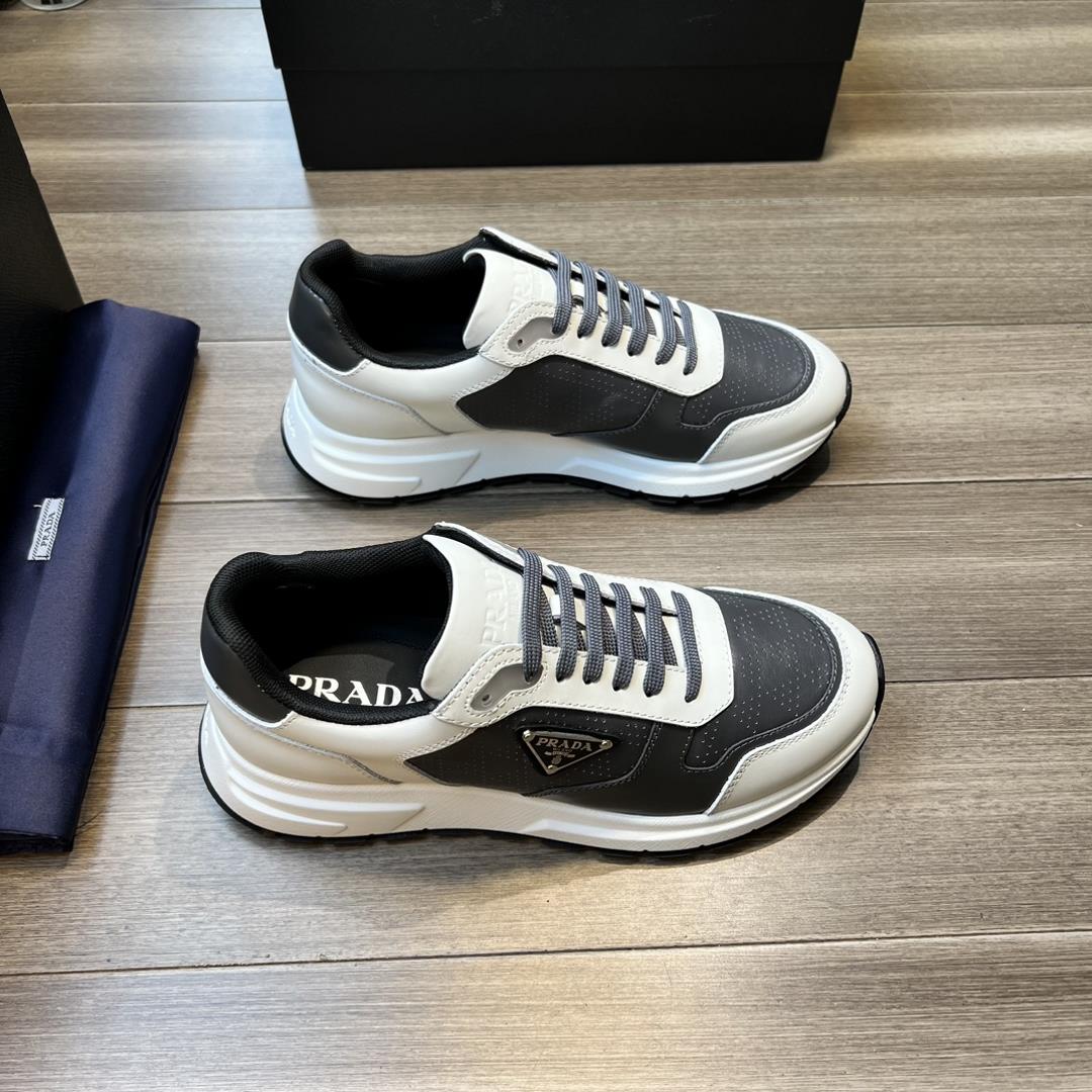 a Prada High end Quality Original Single Upper Napa Calf Leather Punching Cowhide Shoe Body Metal