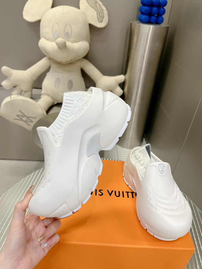 The shoe that debuted in the 2023 fashion show is named Louis Vuitton Shark Clog The shell mat