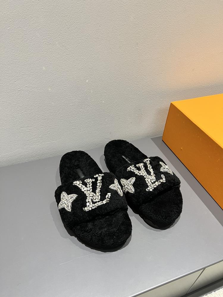 Factory LV wool slippers with thick soles and lamb wool slippersLV donkey brand Teddy lamb