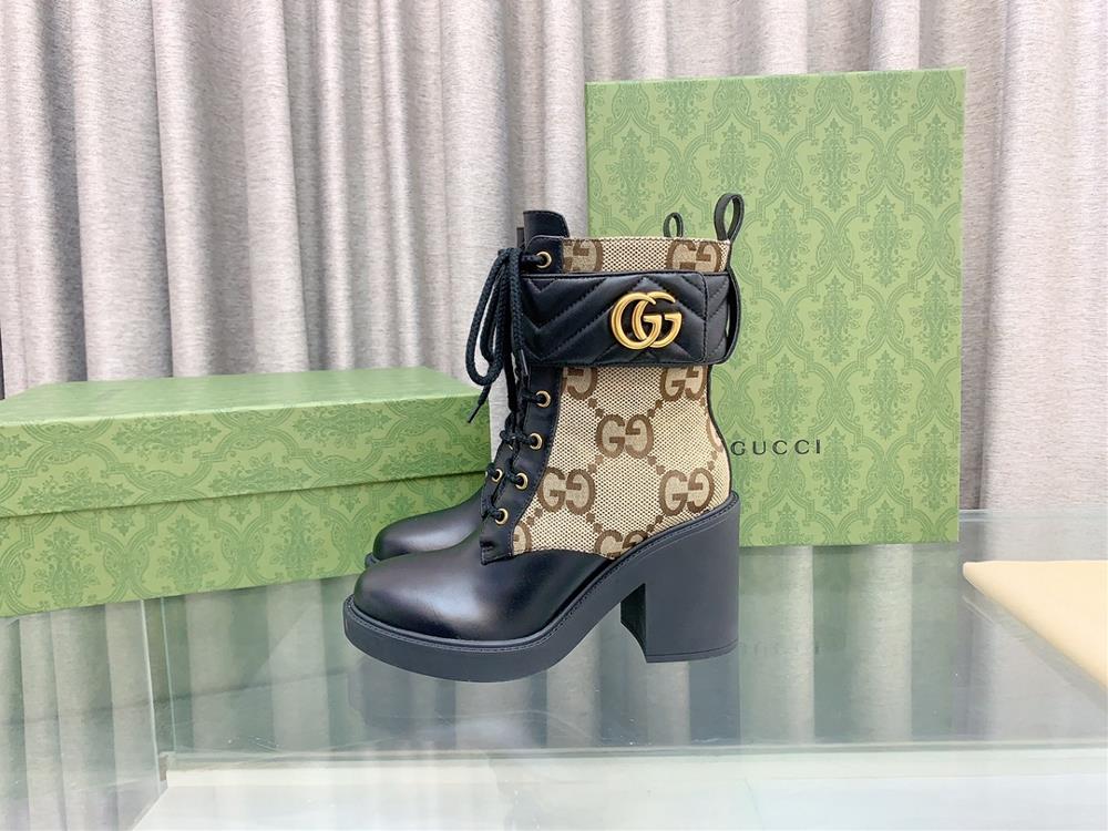 This womens high heeled boot is a mix and match of oversized GG canvas and black leather