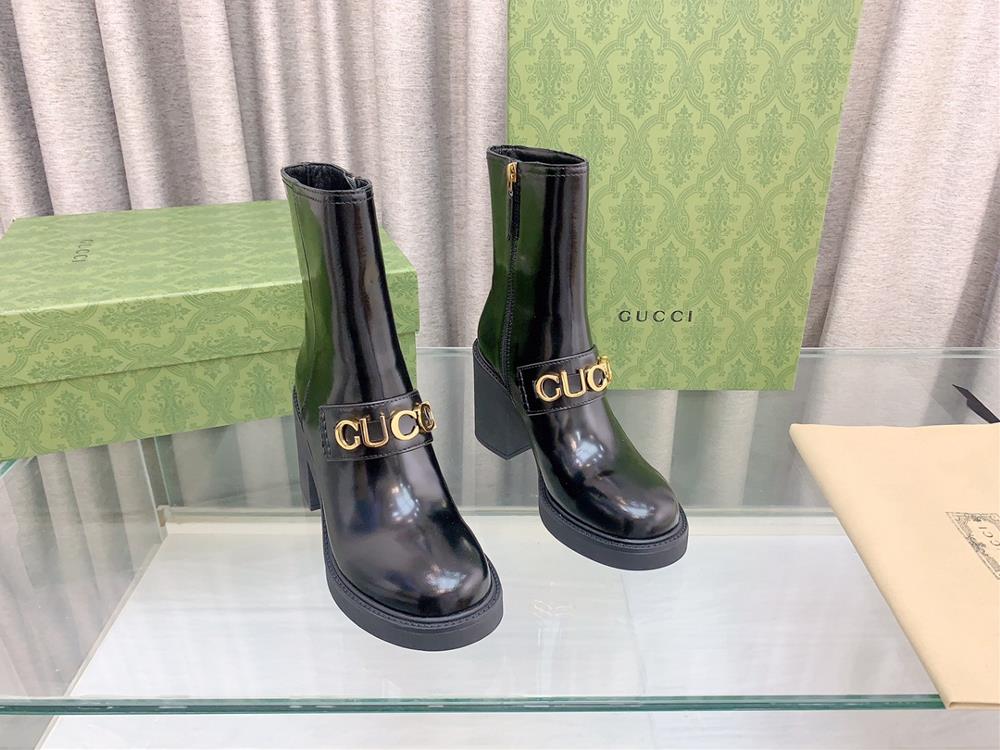 Bright surface  Gucci  Counter New Metal Letter Buckle High Heel Ankle Boots This womens